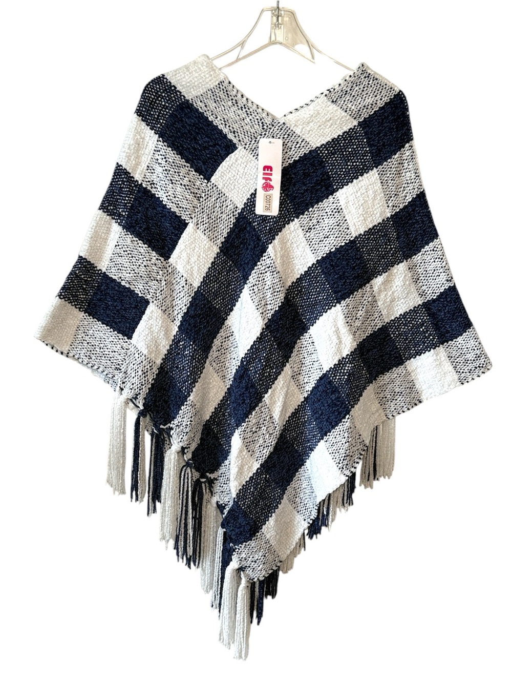 ELF Navy White Plaid Textured Knit Wrap Fringe Trim Lightweight Layering Poncho